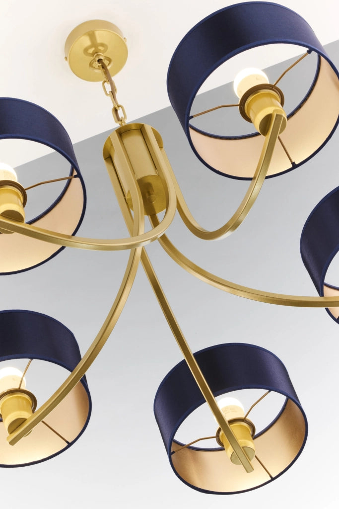 Lampadario oro a catena, paralumi blu 5xE27 Arthur Jupiter