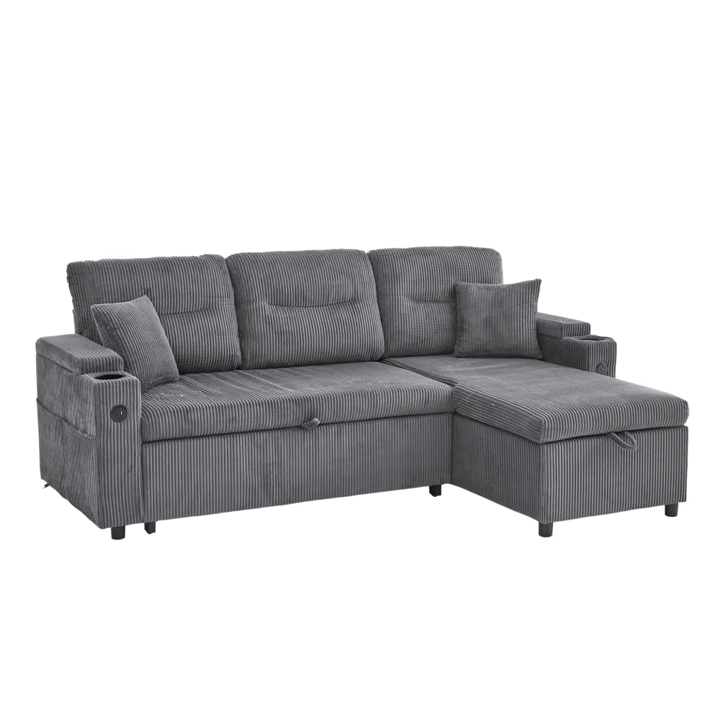 Divano letto con chaise longue contenitore USB C e portabicchiere in velluto a coste grigio carbone 212,5 × 136 × 86 cm