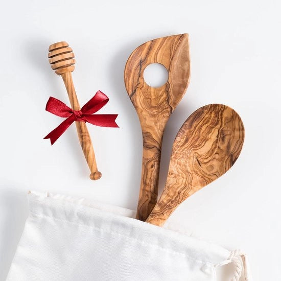 Set di cucchiai di legno di olivo - Manufatti a mano - Resistente al calore - Resistente alle abrasioni - Cucchiaio per risotto - Spatola per miele - 30 cm