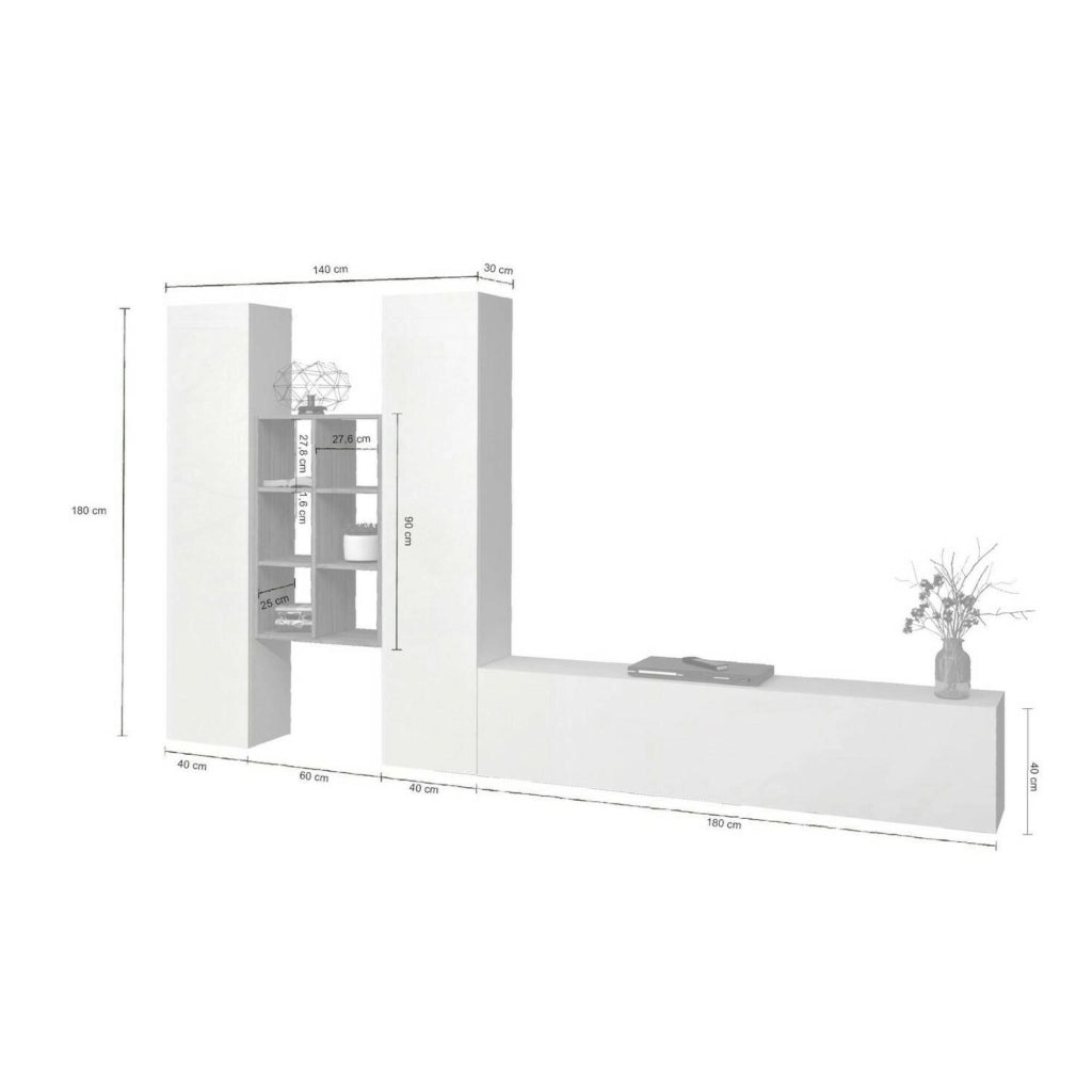 Mobile Soggiorno Acuto, Parete Attrezzata 15 Ripiani Made in Italy, 320x30x180h cm Bianco Lucido