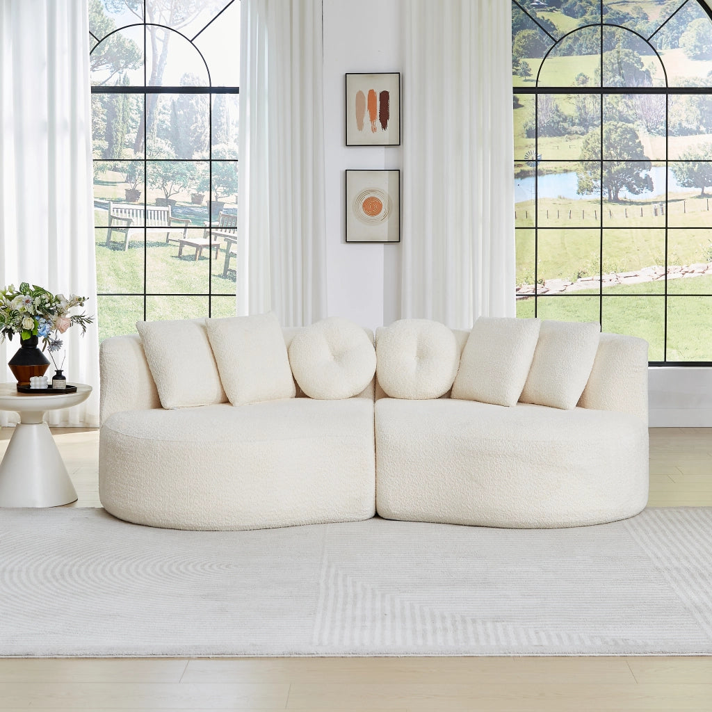 Divano modulare curvo a 2 moduli in ciniglia beige con set di 6 cuscini