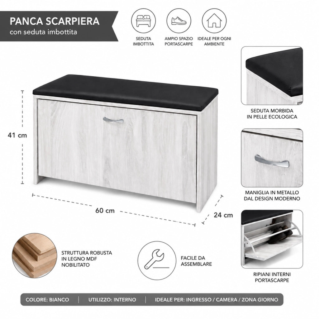 Panca Scarpiera Salvaspazio con Seduta Imbottita Ecopelle 60x24x41 cm Bianco