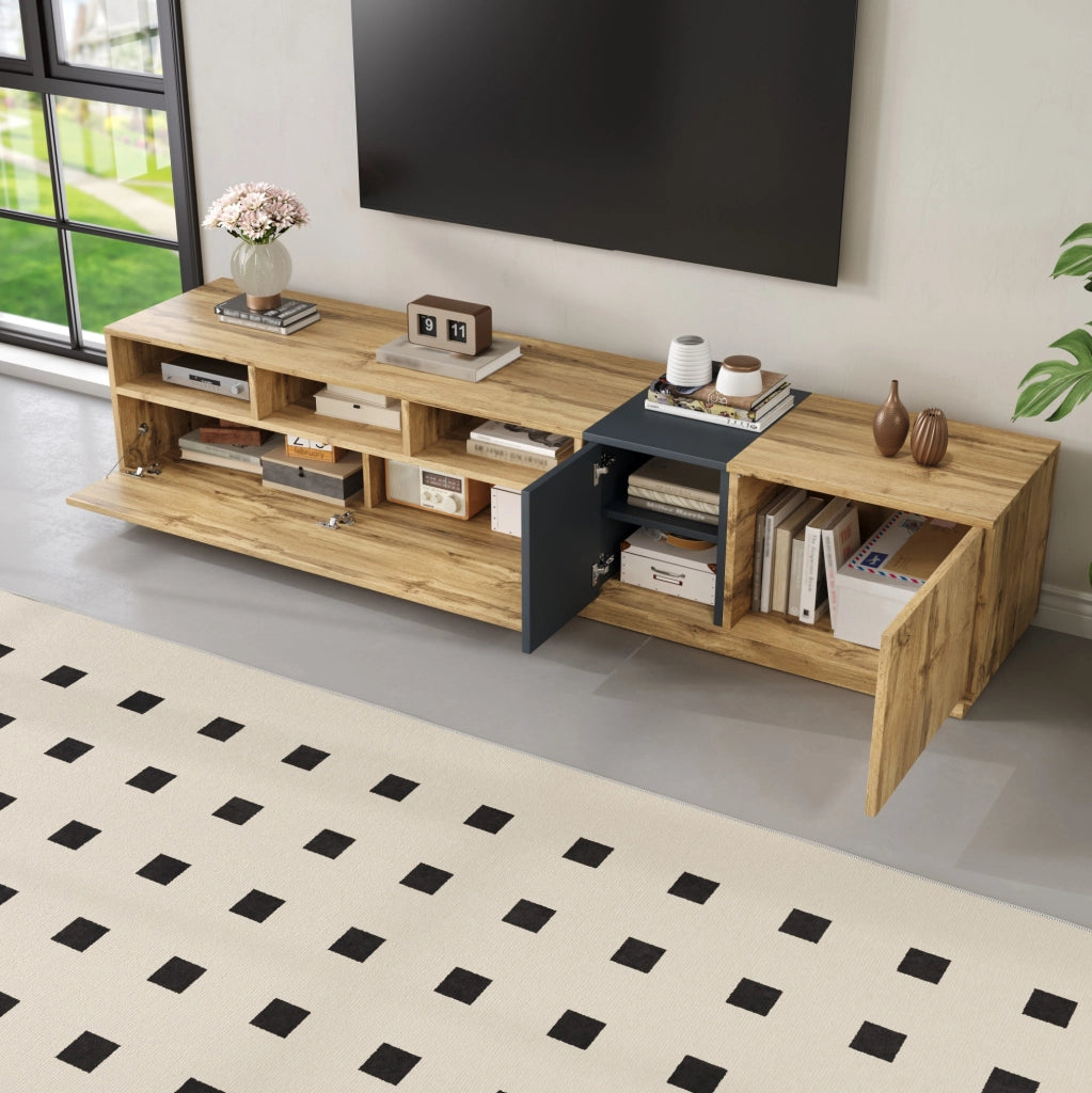 Mobile TV 200x45x45 cm con 3 vani aperti e 3 ante; pannello truciolare nero; grigio e naturale