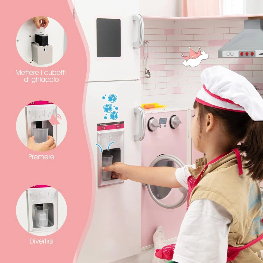 Cucina Giocattolo per Bambini in Legno, Mini Cucina Angolare per Bambini con Luci e Suoni Interattivi e Accessori per Cucina, Ideale per 3+ Anni, Rosa