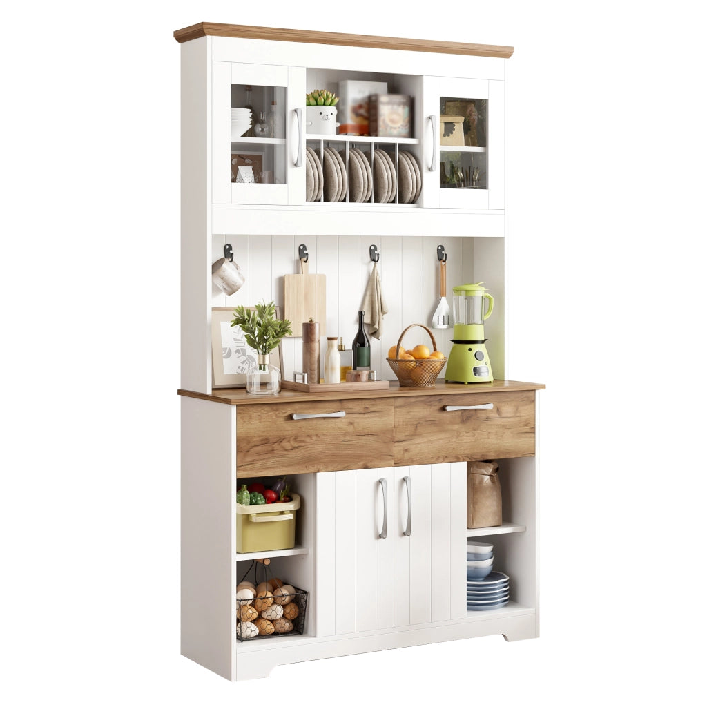 Credenza cucina con vetrina, 2 cassetti e ganci, bianco e naturale, 106x39x176,5 cm