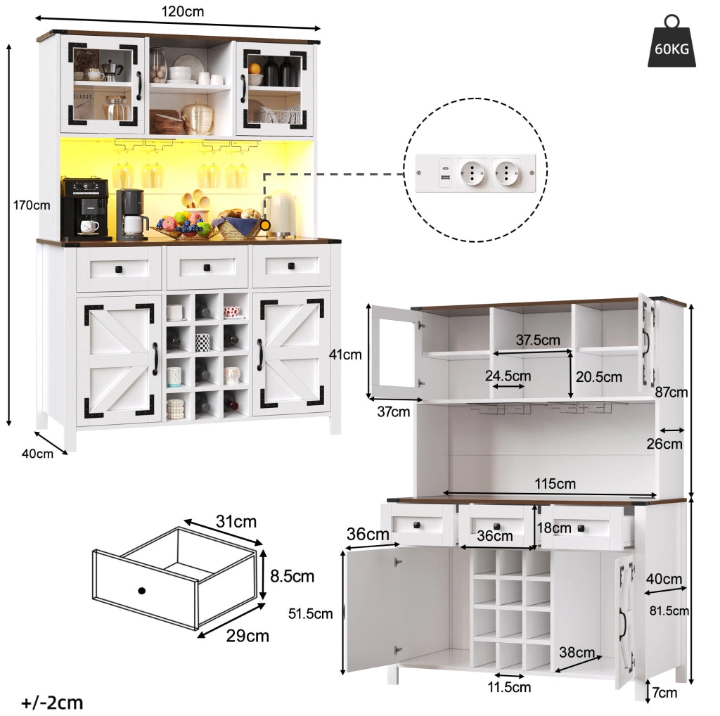 Armadio da cucina 120x40x170 cm con illuminazione LED e prese USB in MDF e vetro bianco