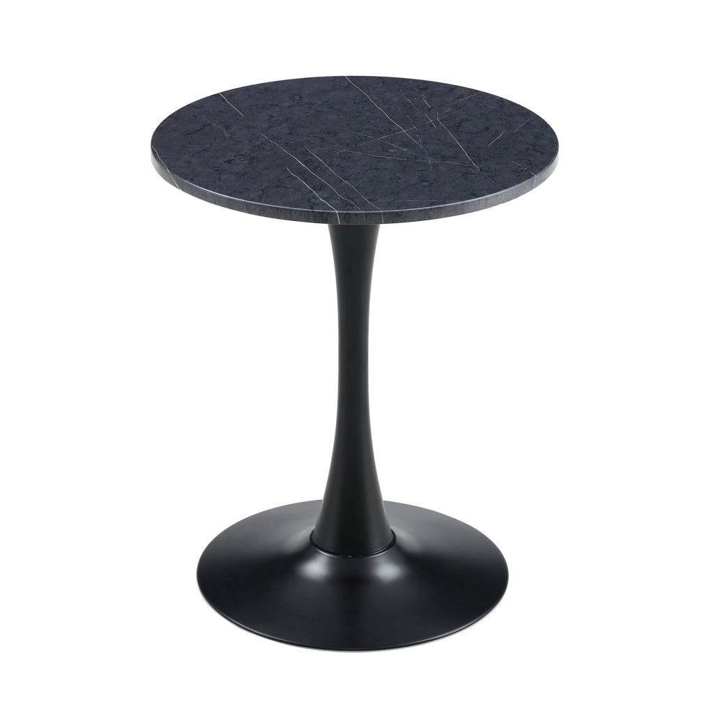Tavolino rotondo in stile Mid-Century; piano in MDF effetto marmo nero e base in metallo nero