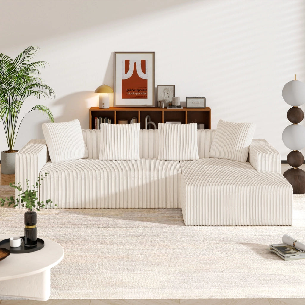 Divano modulare 3 posti con chaise longue e cuscini in velluto a coste bianco 261×146×65 cm