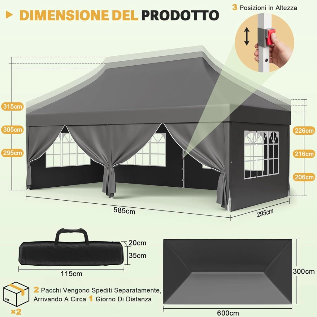 Gazebo 3x6 Pieghevole con Pareti Laterali, Gazebo con Altezza Regolabile, Telo in Tessuto Oxford Impermeabile, Tenda Robusta e Duratura per Matrimoni, Esterno, Giardini e Feste, Grigio