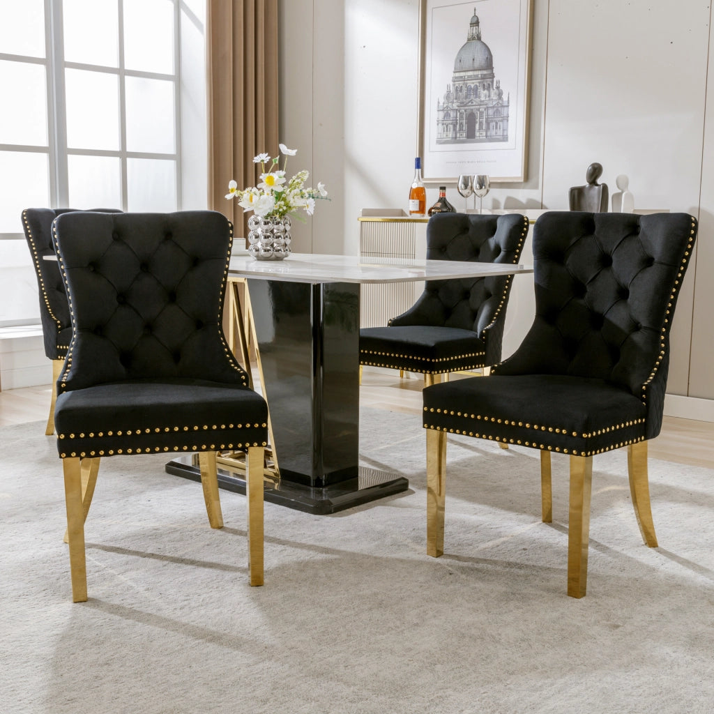 OKWISH Set di 4 Sedie da Pranzo con Anello Sullo Schienale, Borchie Decorative e Piedini Regolabili, Velluto Nero