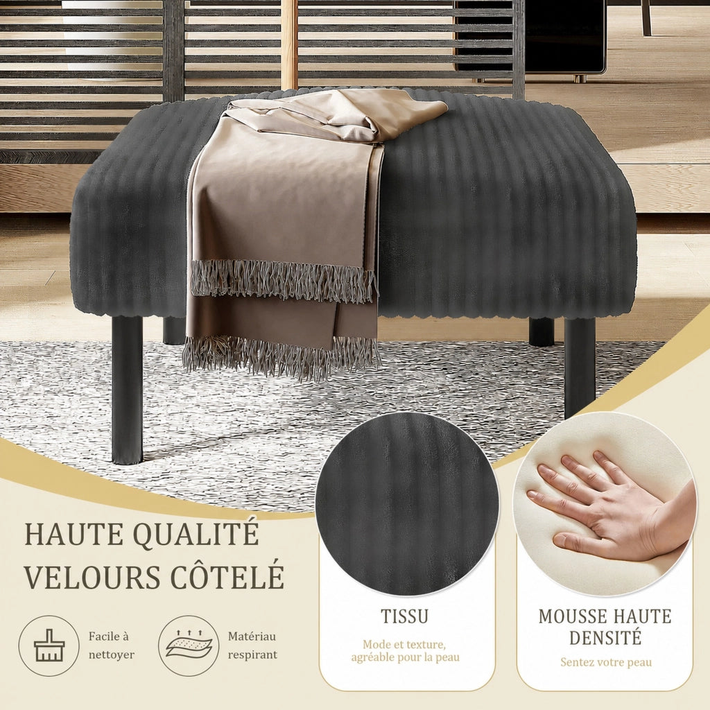 Pouf imbottito in corduroy grigio con struttura in metallo, versatile come poggiapiedi, seduta o tavolino d’appoggio