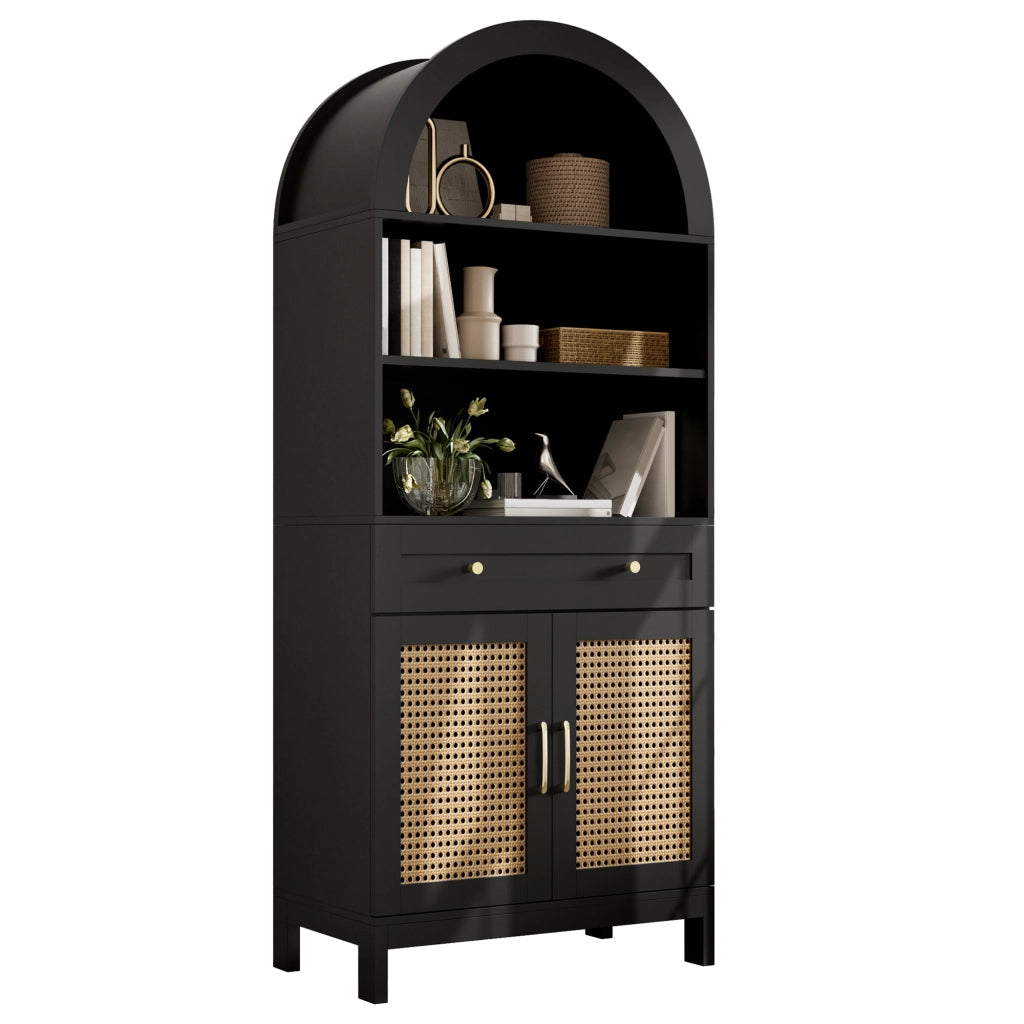 Mobile vetrina ad arco con ante in stile rattan, 170 cm, nero + effetto legno, con 3 vani a vista, 1 cassetto e 2 ante