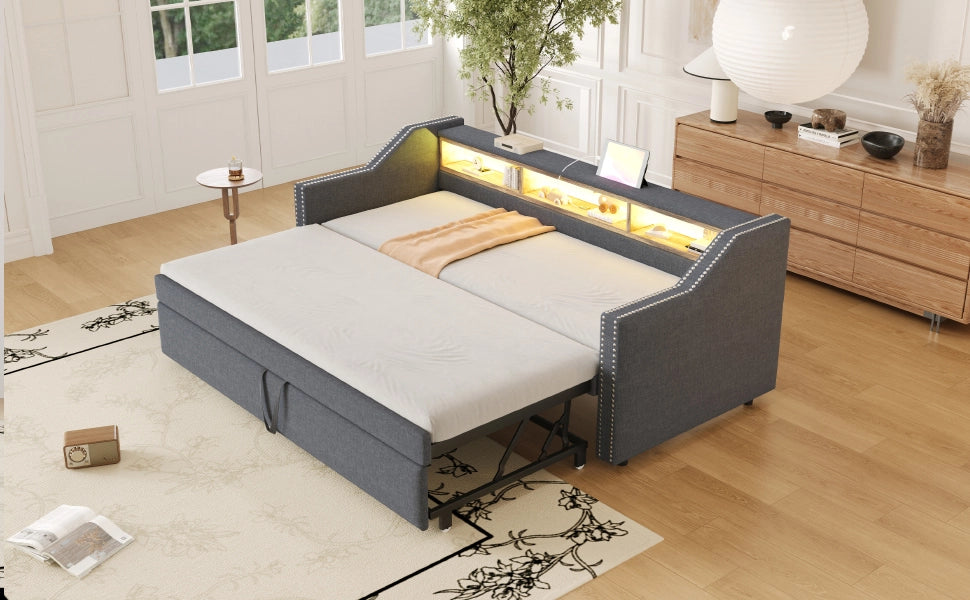 DESMIU Letto estraibile 90/180 × 190 cm 2 posti con LED, USB e ripiani, senza materasso, in lino grigio scuro