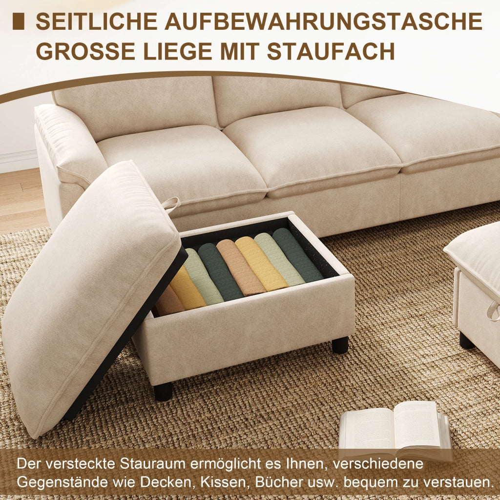 Divano modulare a U con 2 pouf contenitore e seduta profonda in ciniglia beige schienale alto 264,5 × 142,5 × 84 cm