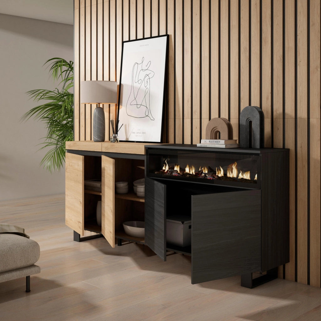Credenza, Mobile, 200x35x87cm, 4 Porte, Camino elettrico, Design industriale, colore Rovere e nero RF2382