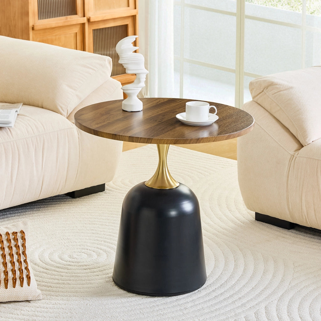 Tavolino basso rotondo con base in metallo e piano in melammina effetto noce, stile moderno, per soggiorno, 70 × 69 × 40 cm