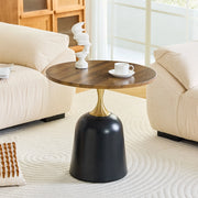 Tavolino basso rotondo con base in metallo e piano in melammina effetto noce, stile moderno, per soggiorno, 70 × 69 × 40 cm