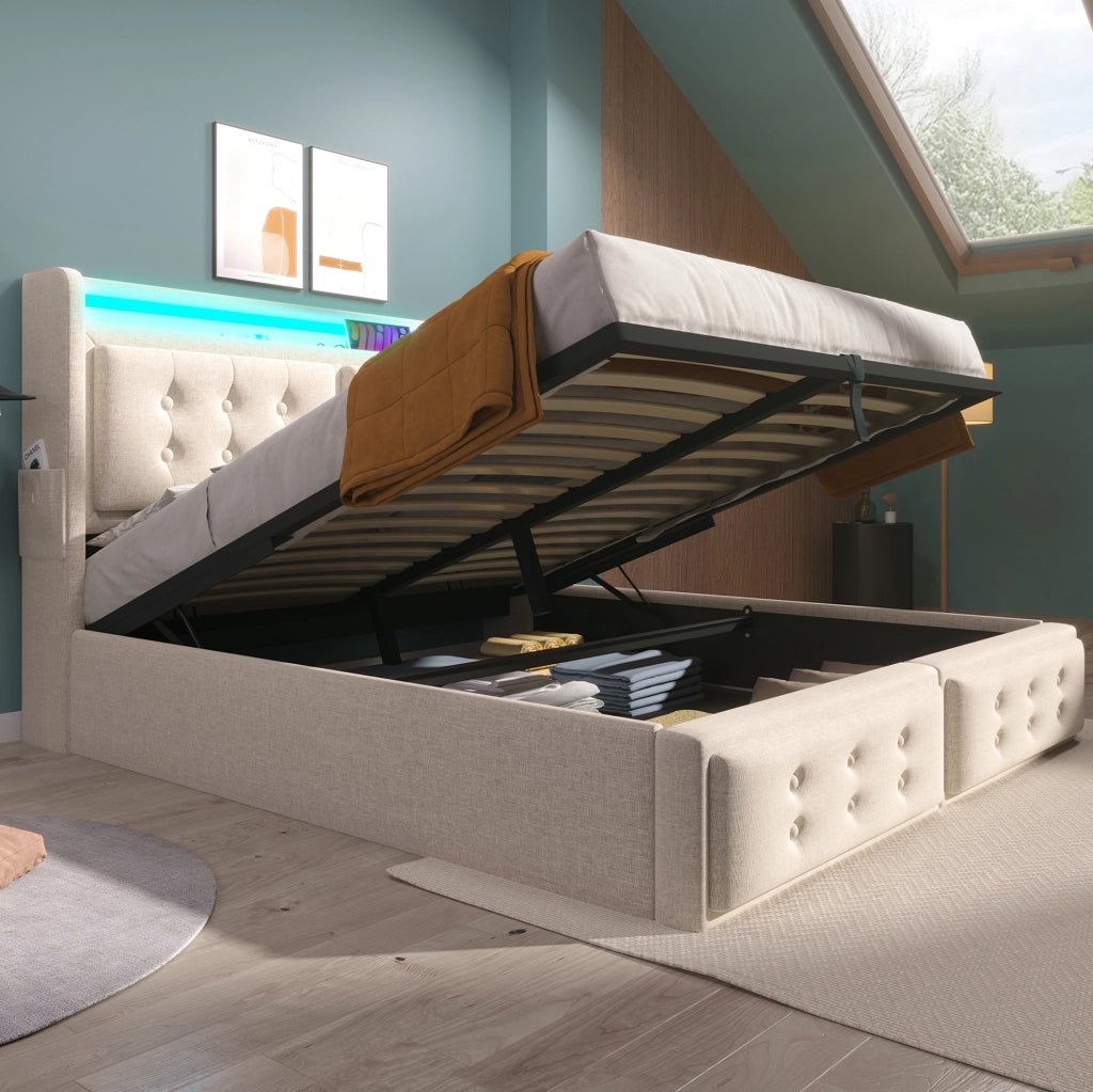 Letto matrimoniale 160x200 cm con contenitore; LED; USB-C e tessuto beige