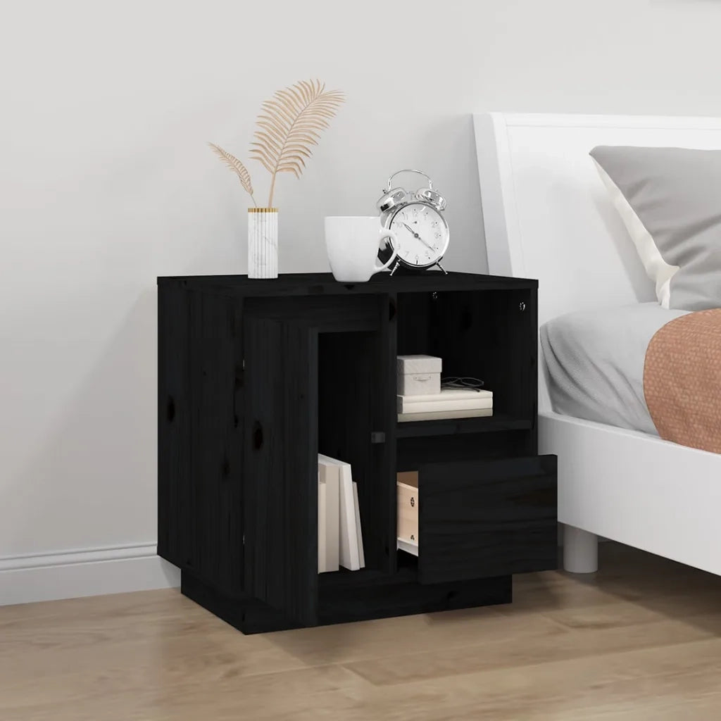 Comodino Nero 50x34x50 cm in Legno Massello di Pino 814487