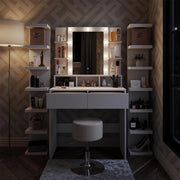 Tavolo da toeletta Taylor, Bianco, 80 cm con illuminazione LED e sgabello, con illuminazione LED e sgabello girevole regolabile in altezza
