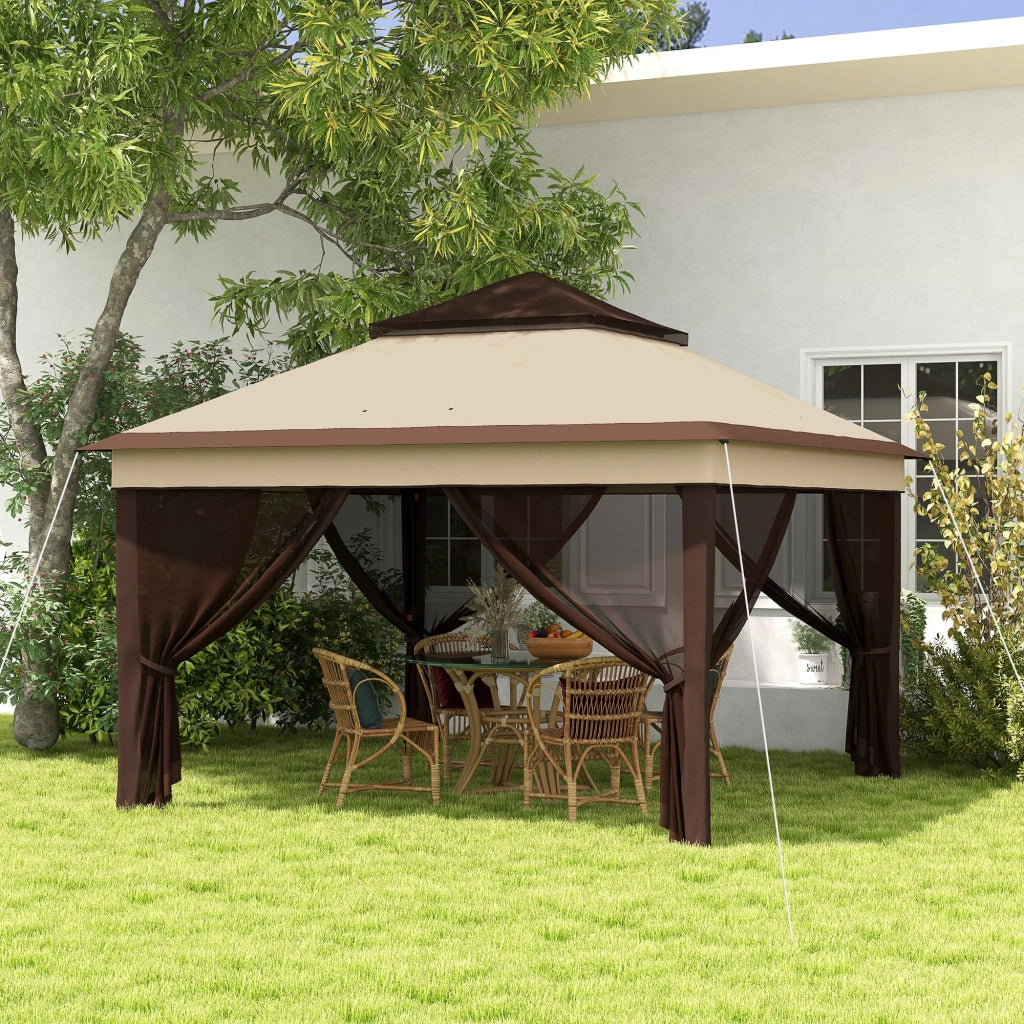 Gazebo Regolabile su 3 Livelli con Pareti Rimovibili 3x3m in Acciaio e tessuto Oxford Caffè e Beige