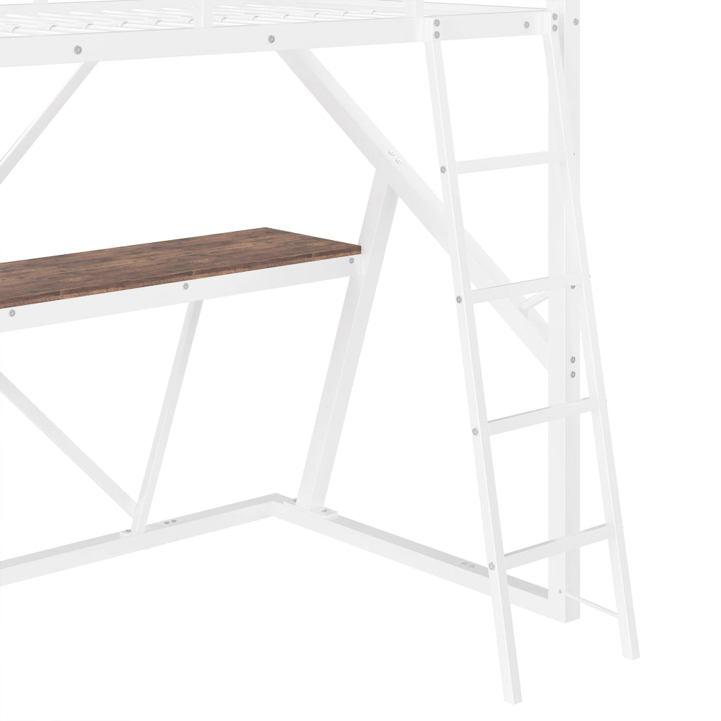 OKWISH Letto a soppalco 90×200 cm, Letto Singolo con LED Multicolore, Scrivania e Scala, senza Materasso, in Metallo, Bianco