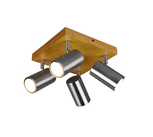 Plafoniera Led 4 Spot GU10 5W Cilindo Acciaio base Legno Marley GD Trio