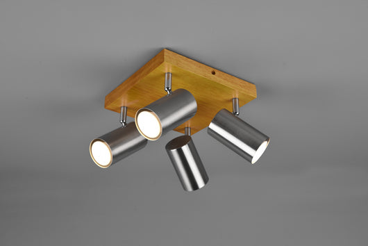 Plafoniera Led 4 Spot GU10 5W Cilindo Acciaio base Legno Marley GD Trio