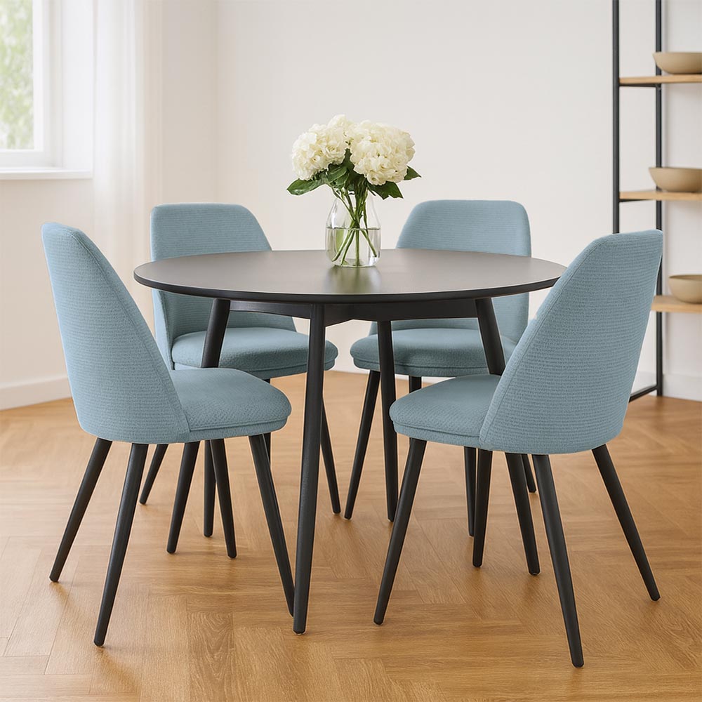 Sedia da sala pranzo Kety in microfibra colore celeste con gambe in metallo nero