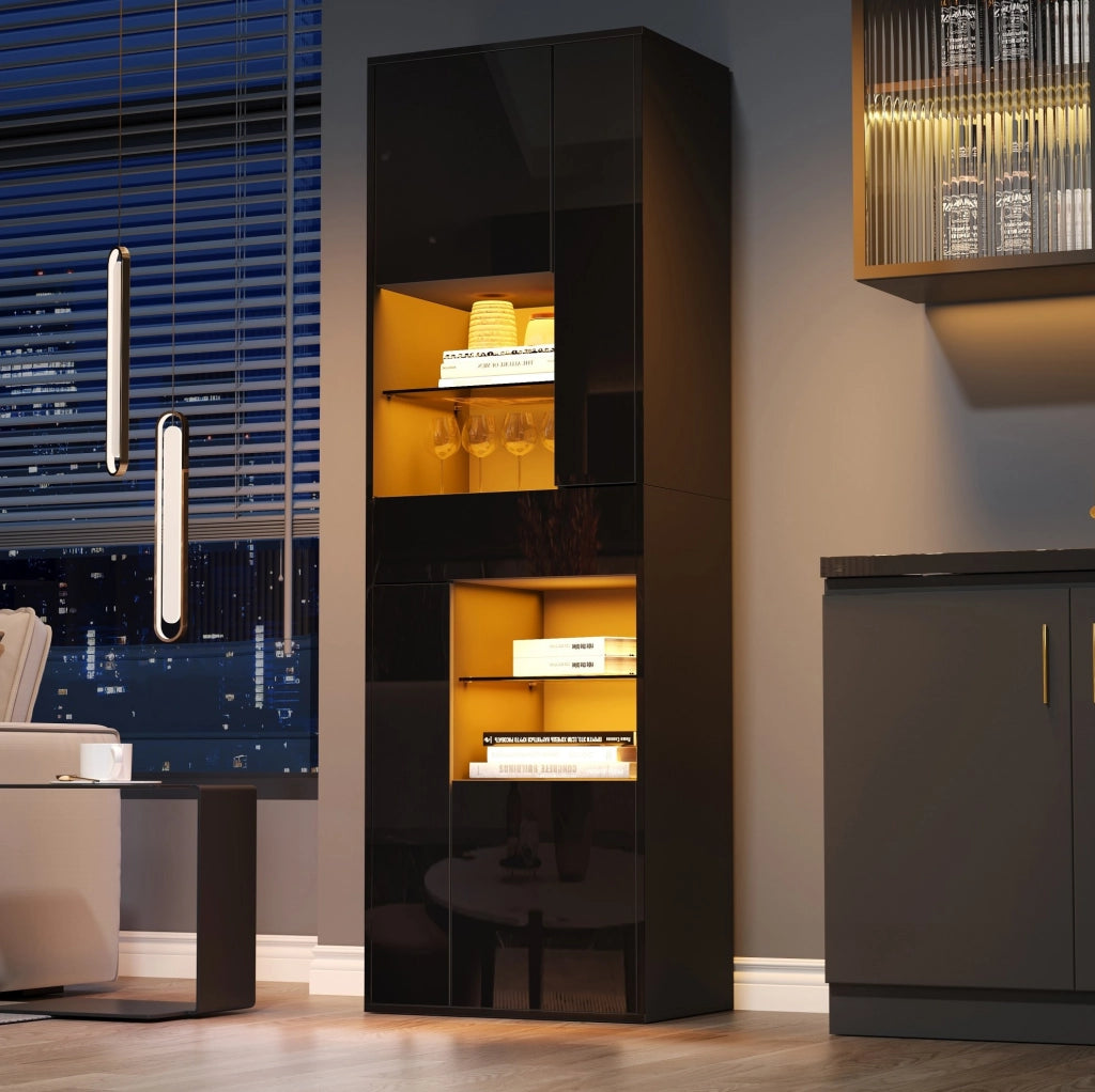 Vetrina alta LED nera 55x38x170 cm con 1 cassetto