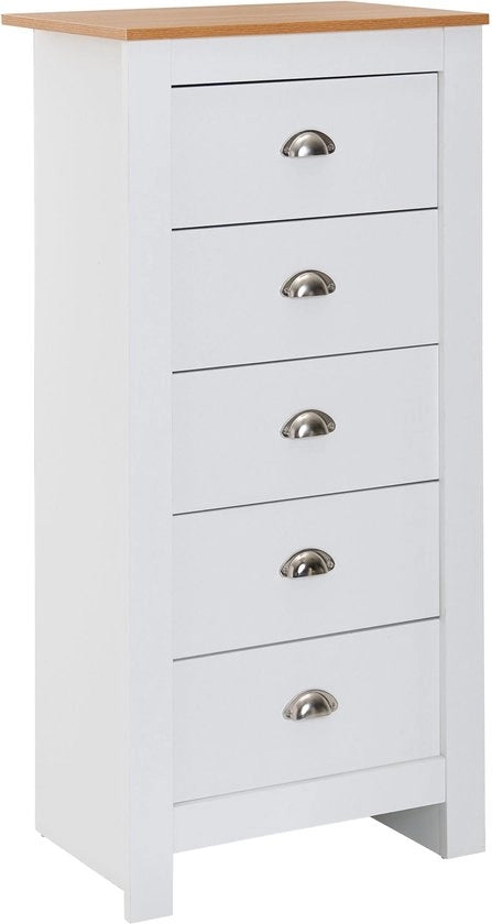 Cassettiere - Progetto alto stretto con 5 ante - Armadio stile per salotto - Bianco eichen moderno - 53x114x39 cm