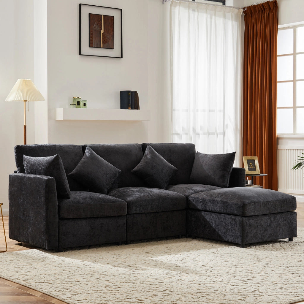 Divano Angolare Reversibile 4 Posti con Pouf Mobile; Cuscini; Seduta Ergonomica; Struttura in Legno; in Ciniglia Grigio