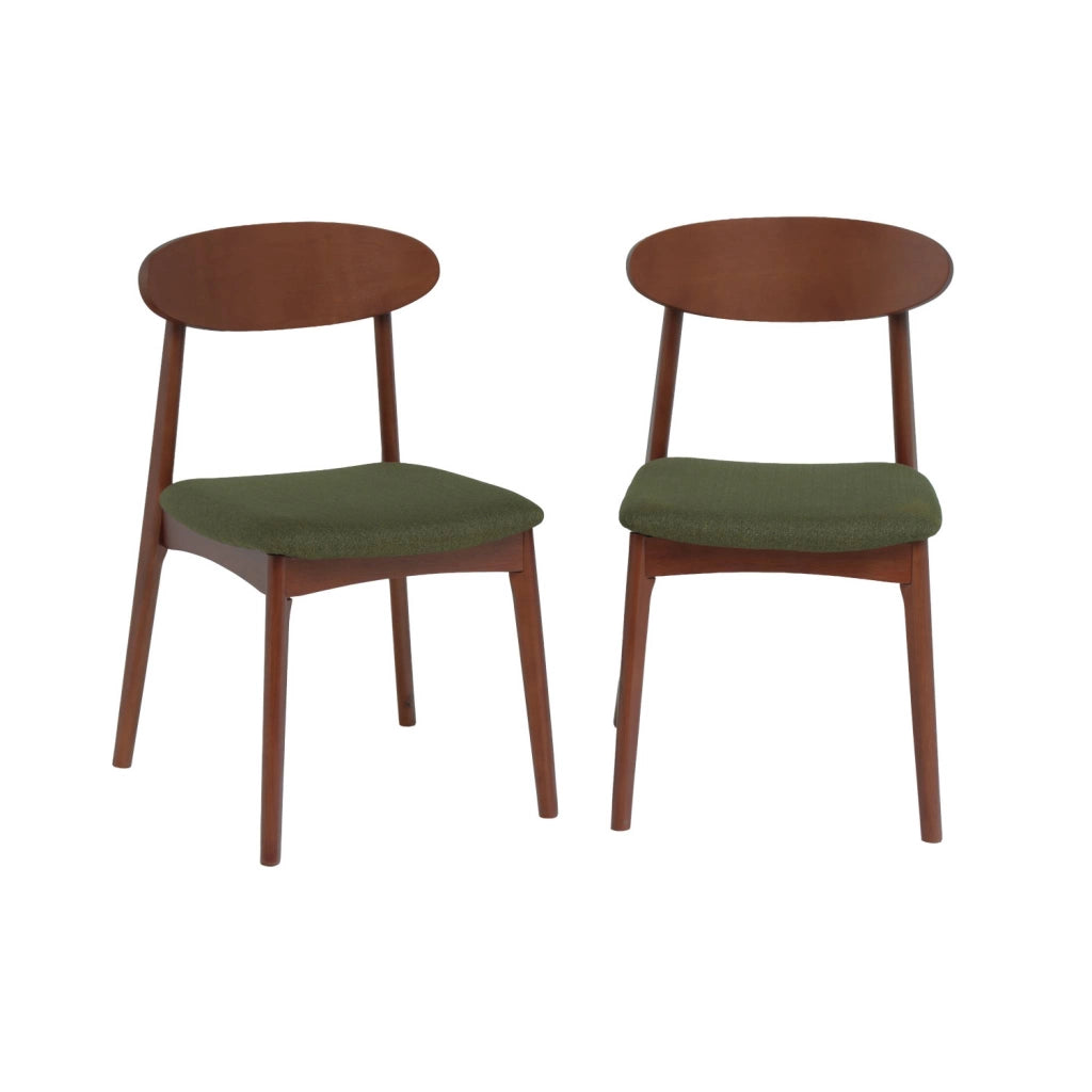 Set 2 sedie vintage in legno di hevea noce e tessuto, verde kaki