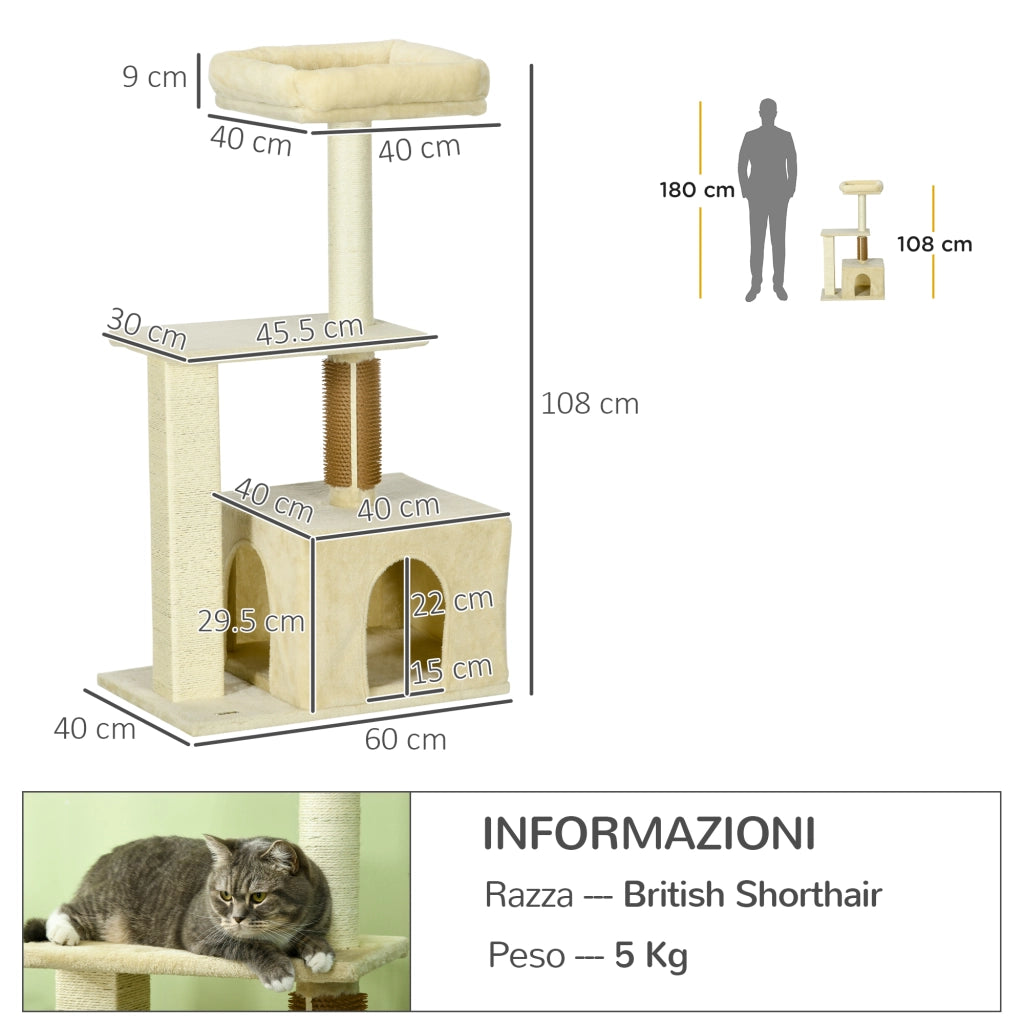 Easycomfort Albero per Gatti con Paletto, Casetta per Gatti, Tiragraffi e Posatoio, 60x40x108 cm, Beige
