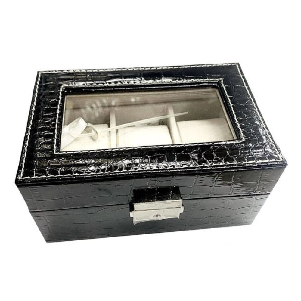 Trade Shop - Scatola Porta Orologi 3 Posti Con Vetro Custodia Elegante Effetto Pelle Nera -