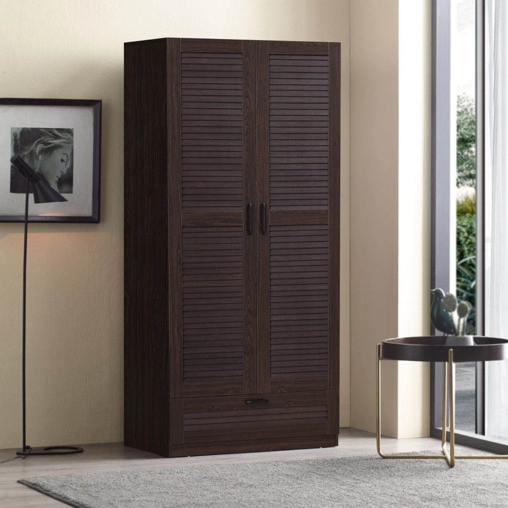 Armadio Guardaroba Finning con Ante a Persiana e Cassetto 176 x 80 x 52 cm Effetto Noce Scuro [en.casa]