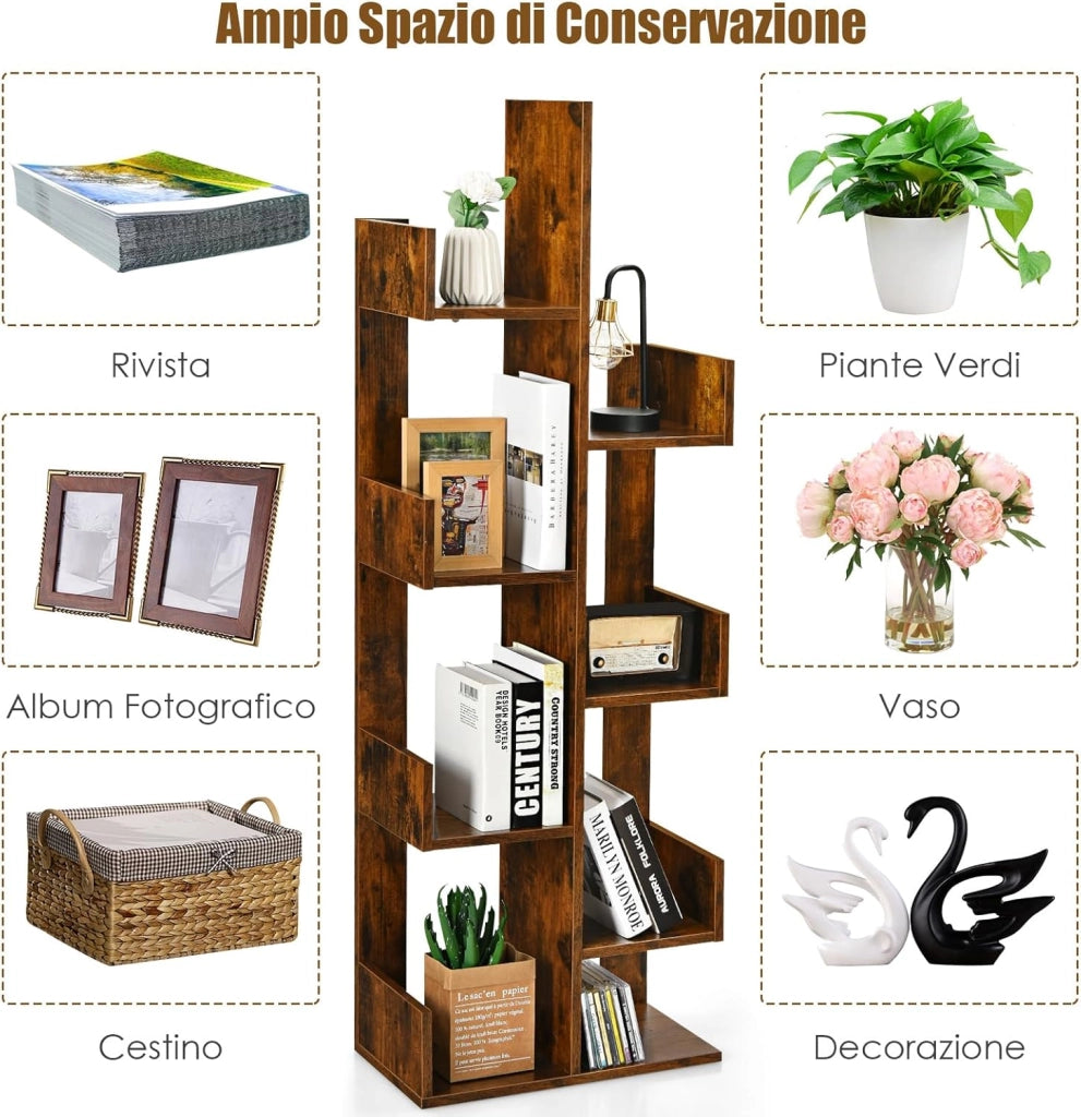 Libreria Multiuso da Terra, Libreria ad Albero con 8 Ripiani, Scaffale in Legno per Libri, Ideale per Soggiorno, Ufficio, 50 x 25 x 145 cm (marrone)