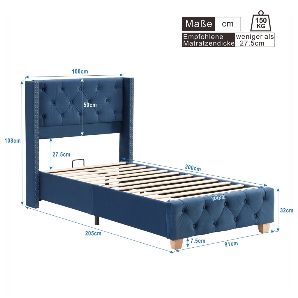 DESMIU Letto imbottito 90 × 200 cm 1 posto con trapuntatura a bottoni, borchie decorative, senza materasso, blu