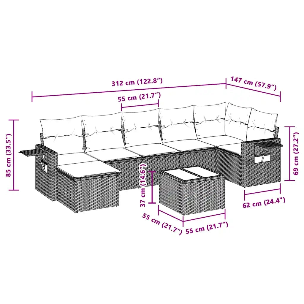 Set Divano da Giardino 8pz con Cuscini Grigio Chiaro Polyrattan