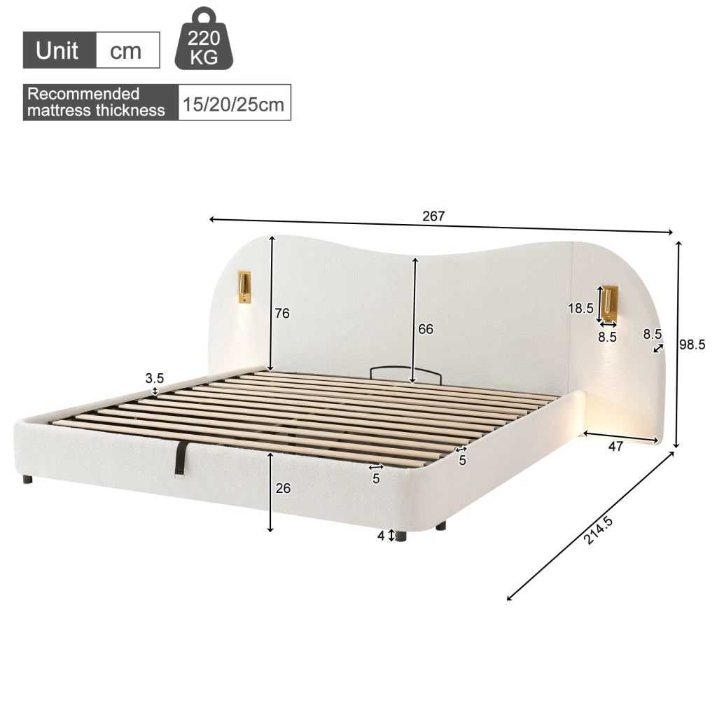 Letto Imbottito Contenitore Matrimoniale con USB ¨C MINIMAL ¨C Bianco Boucl¨¦ 180x200