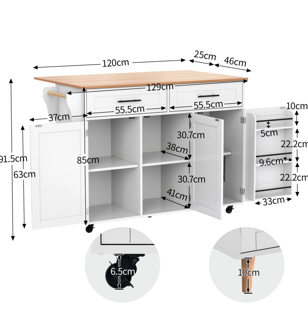 Carrello da cucina con piano ribaltabile 129x71x91;5 cm bianco in MDF