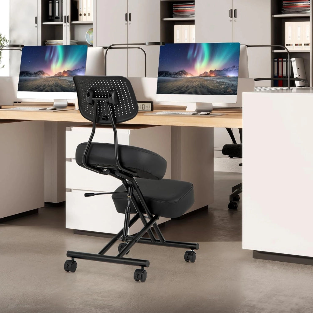 Sedia Ergonomica Inginocchiata con Schienale e Ruote, Sedia da Ginocchio Regolabile Posturale Struttura in Metallo, Sgabello Ergonomica per Casa e Ufficio (con Schienale)