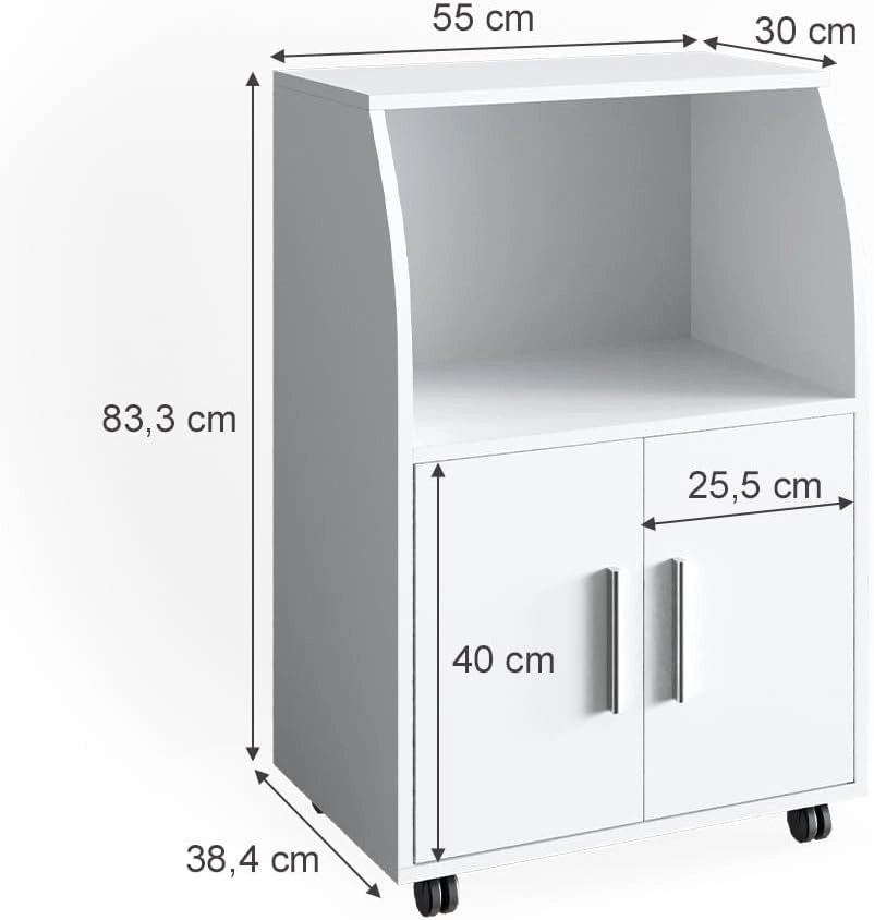 carrello cucina Elio, Bianco, 55 x 83.8 cm, con ruote e ripiano d'appoggio per microonde o dispositivi