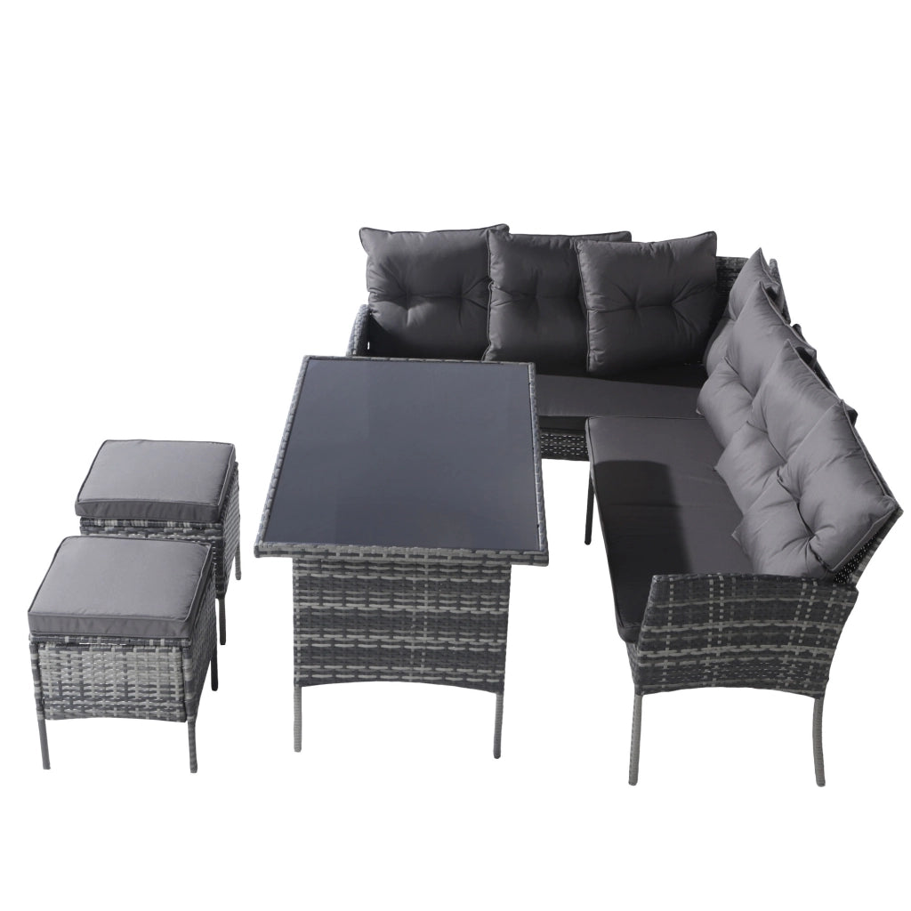 Set salotto polyrattan 7 persone: Divanooo + tavolo + sgabello + cuscini; tessuto sfoderabile lavabile; grigio