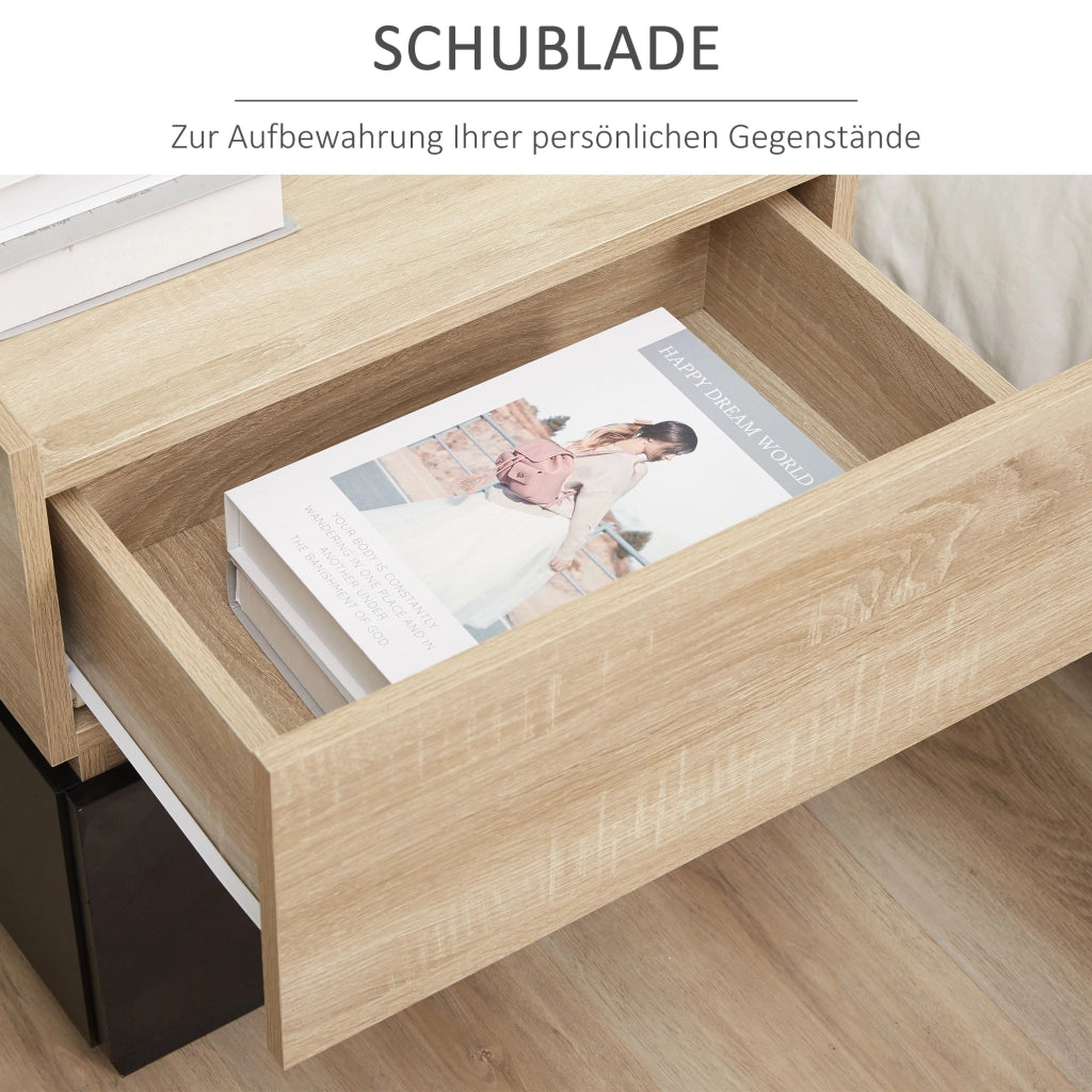Comodino con cassetto, impilabile, comodino per camera da letto, in truciolato, nero+naturale, 50 x 40 x 47,5 cm