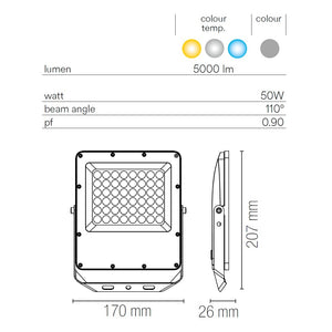 PROIETTORE LED ESUS 50W 3-4-6500K IP65 ARGENTO.