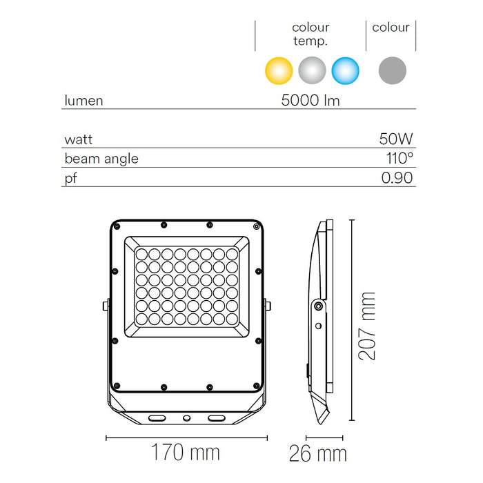 PROIETTORE LED ESUS 50W 3-4-6500K IP65 ARGENTO.