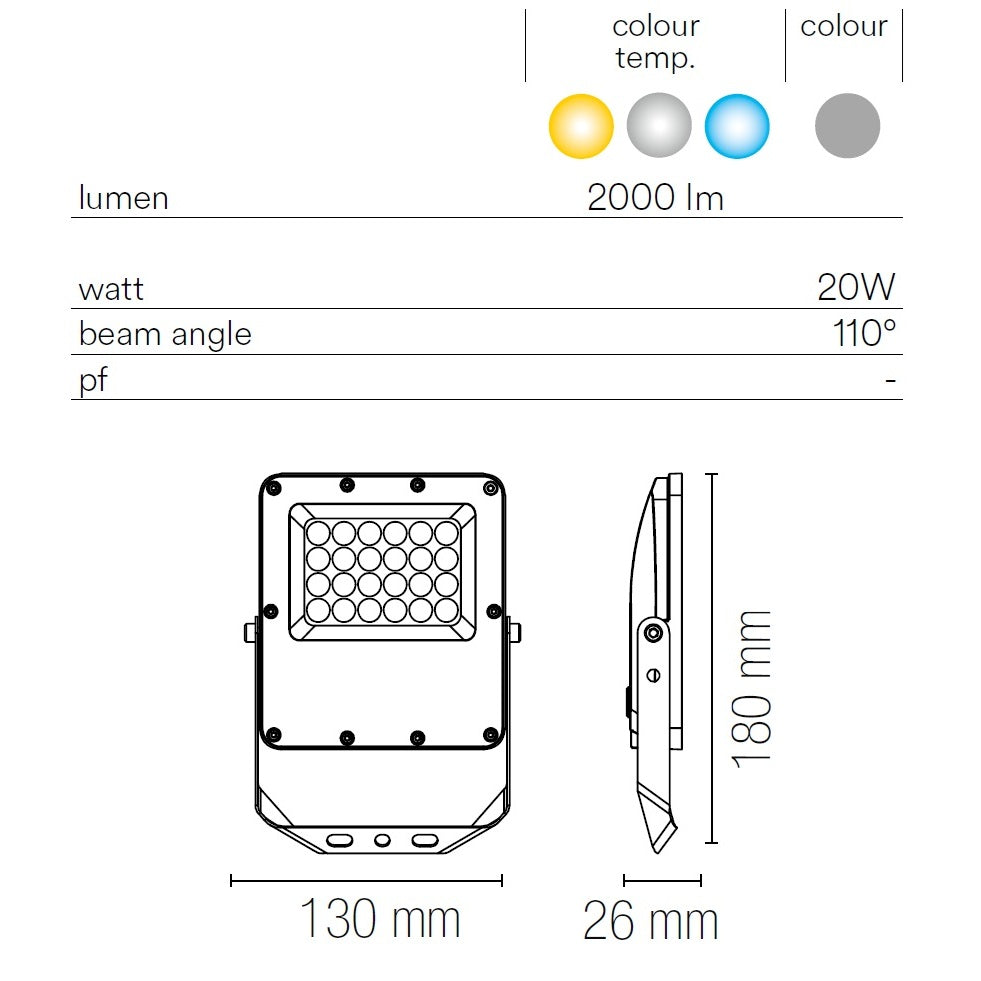 PROIETTORE LED ESUS 20W 3-4-6500K IP65 ARGENTO.