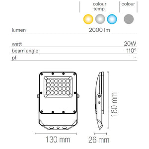 PROIETTORE LED ESUS 20W 3-4-6500K IP65 ARGENTO.