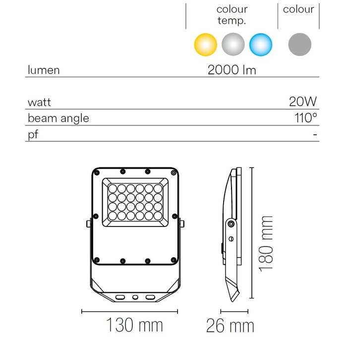 PROIETTORE LED ESUS 20W 3-4-6500K IP65 ARGENTO.